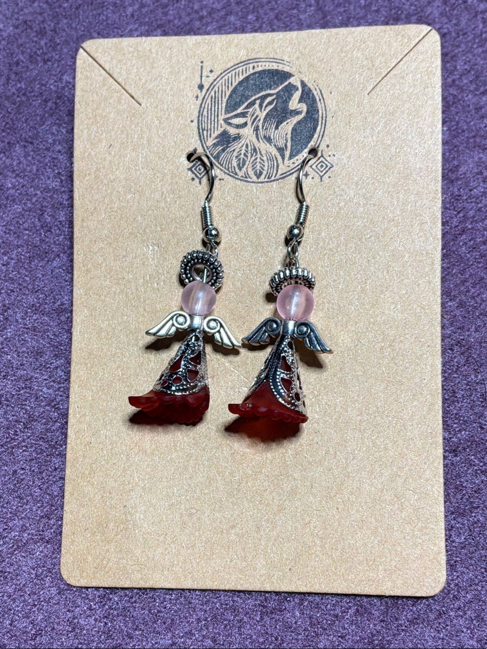 Silver Angel Dangle Earrings with Red and Pink Accents